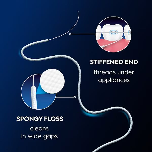 Oral-B Superfloss Threader Dental Floss 50 pre-cut strands packaging showing threading and cleaning features