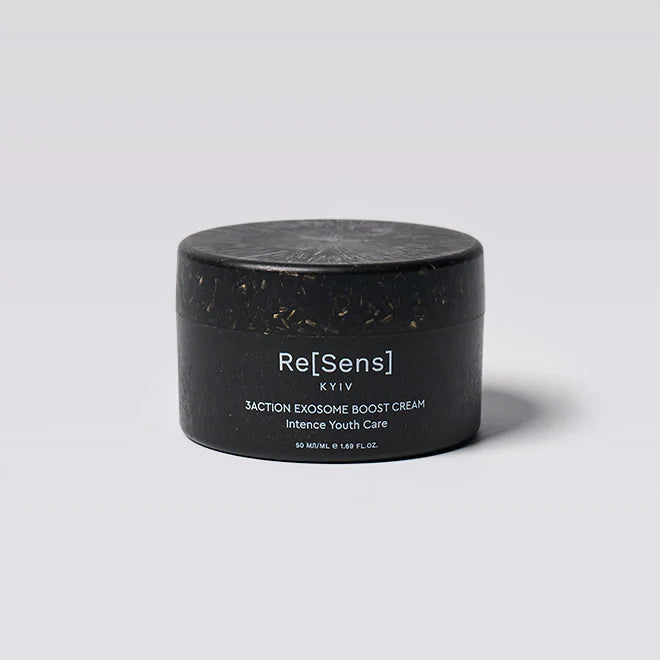 Black jar of Re[Sens skincare cream on a light gray background