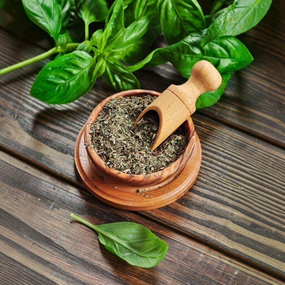 Carmencita Dried Basil 180g packaging showing suggested uses