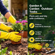 Marigold Extra-Life Kitchen Gloves Medium 6 Pack packaging showing material and care information