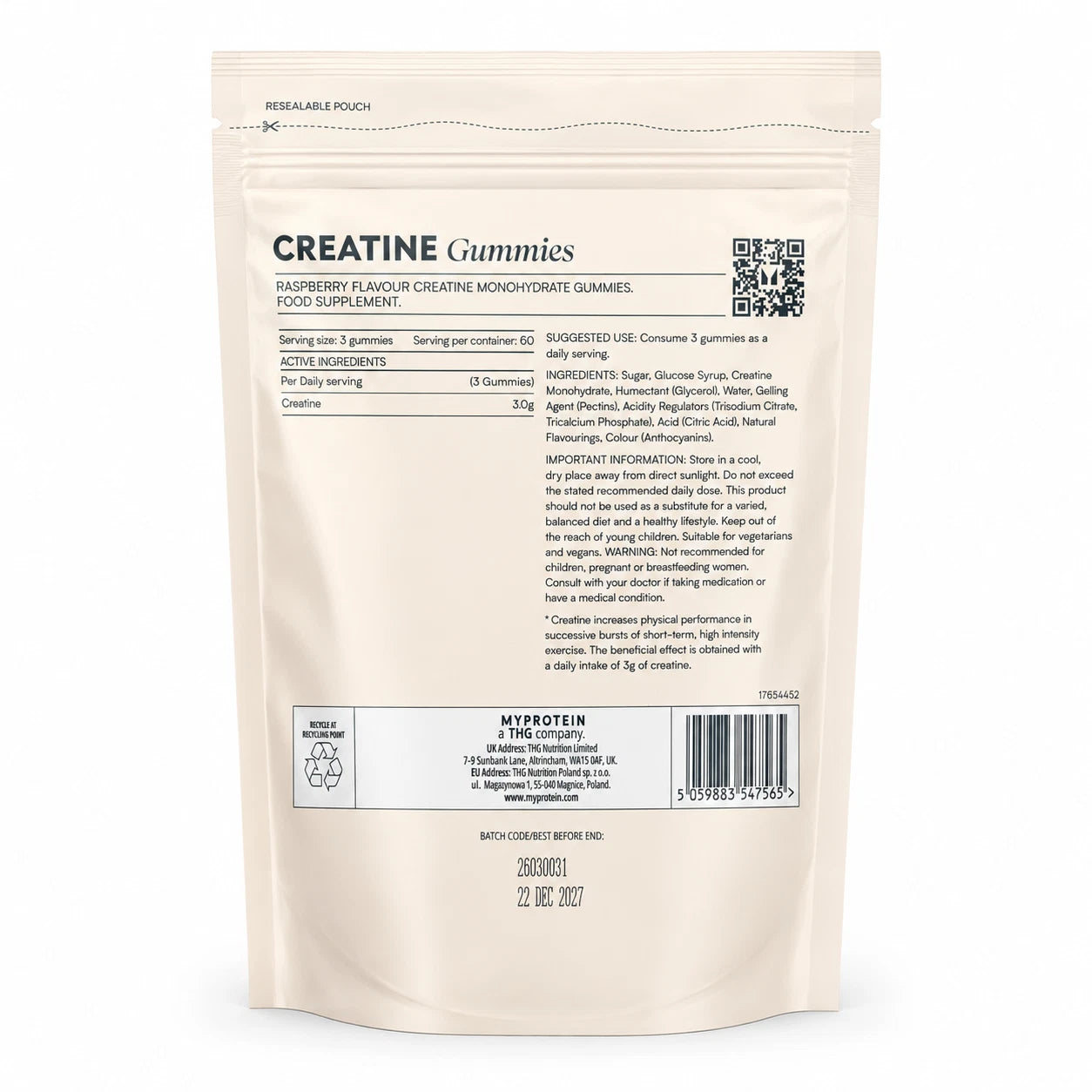 Barcode image: MyProtein Creatine Gummies raspberry flavour barcode packaging 180 count