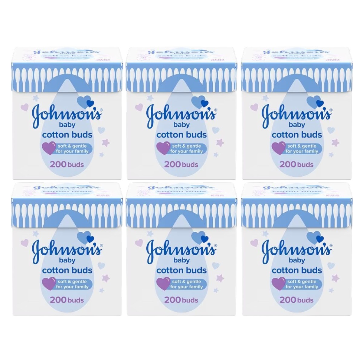 Johnson's Baby Cotton Buds pack of 6 x 200 count pure cotton buds packaging