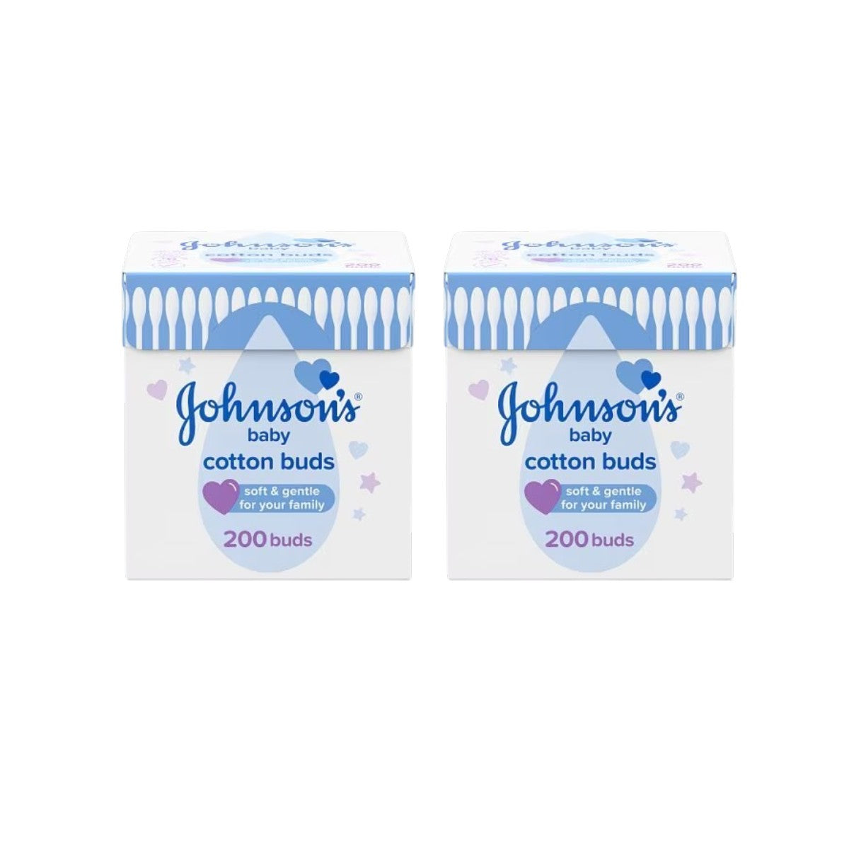 Johnson's Baby Cotton Buds pack of 2 x 200 count pure cotton buds packaging