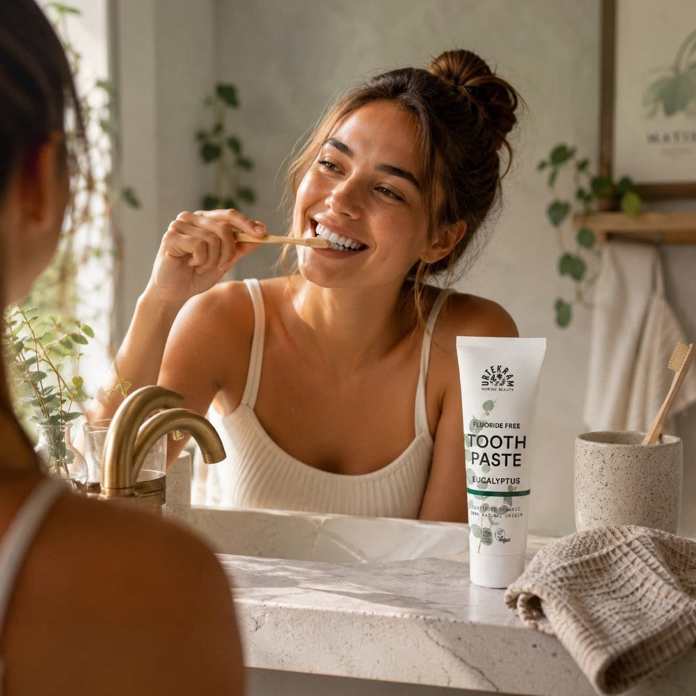 Urtekram Fluoride Free Eucalyptus Toothpaste, toothpaste tube packaging, eucalyptus flavour, 75ml, daily oral care use