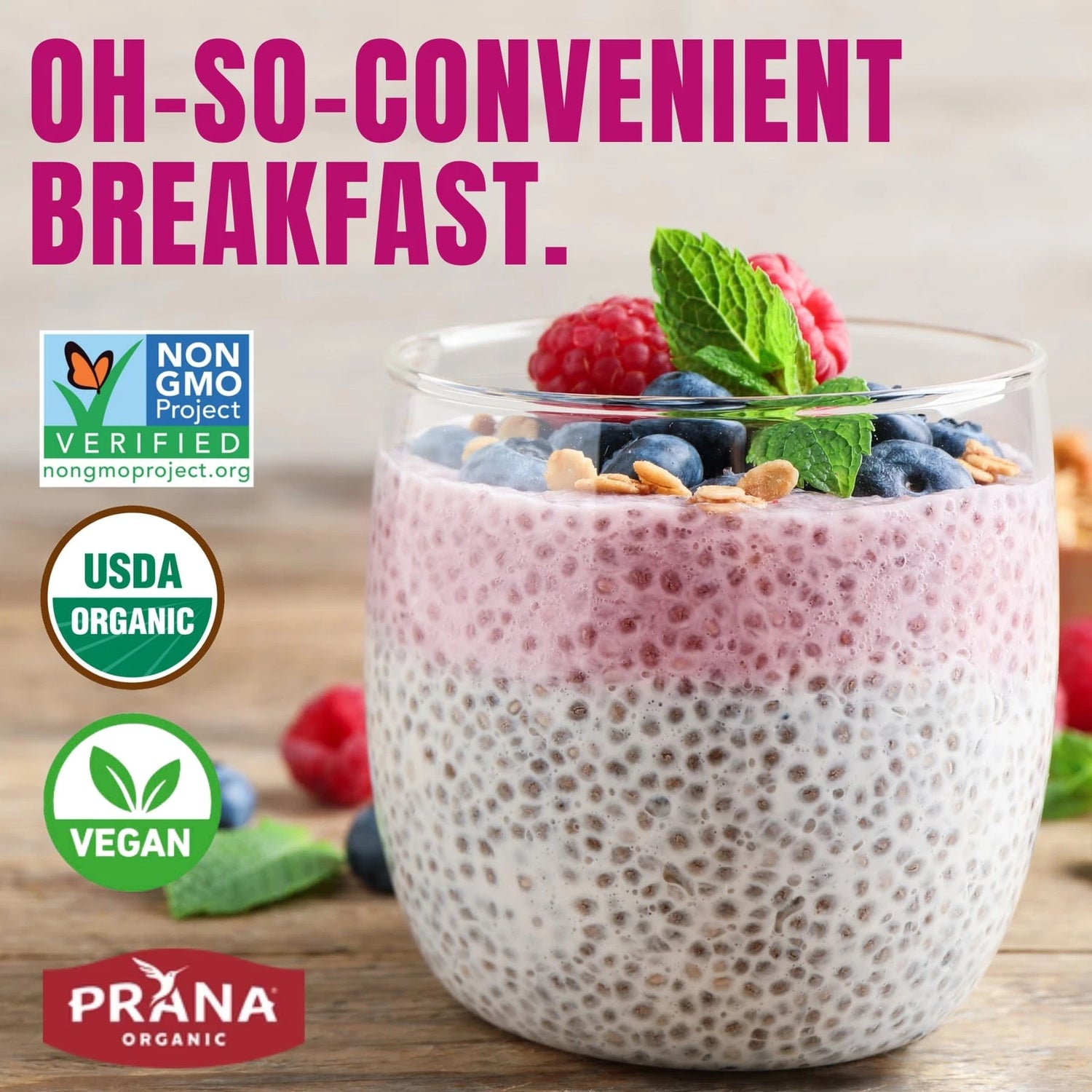 Prana Organic Overnight Chia Berry Fairies with Oats 800g bag prepared as overnight oats