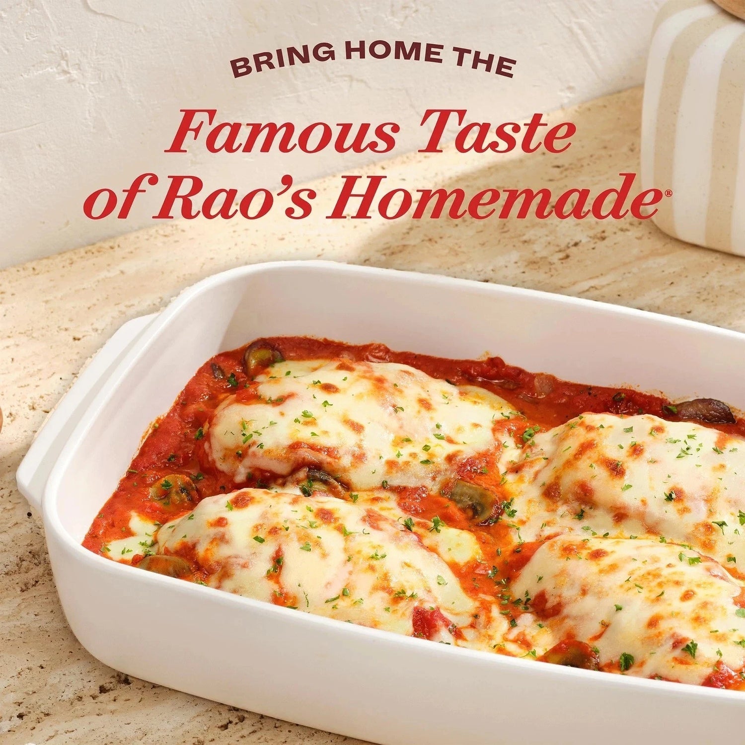 Lifestyle/use image: Rao's Homemade Marinara Sauce served with pasta and Italian dishes 790g