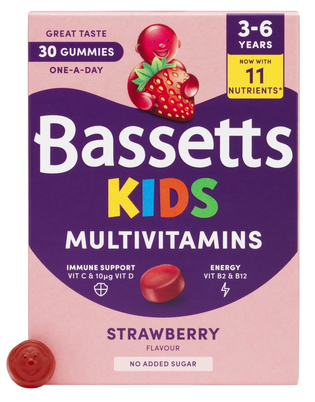 Bassetts Kids Multivitamins Strawberry Flavour Gummies 3-6 Years 30 Count bottle