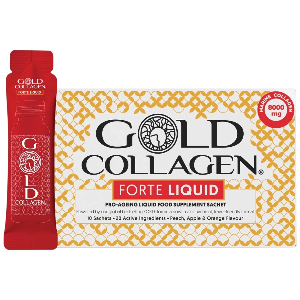 Gold Collagen Forte Liquid peach apple orange flavoured marine collagen supplement 8000mg 10 x 25ml sachets front packaging