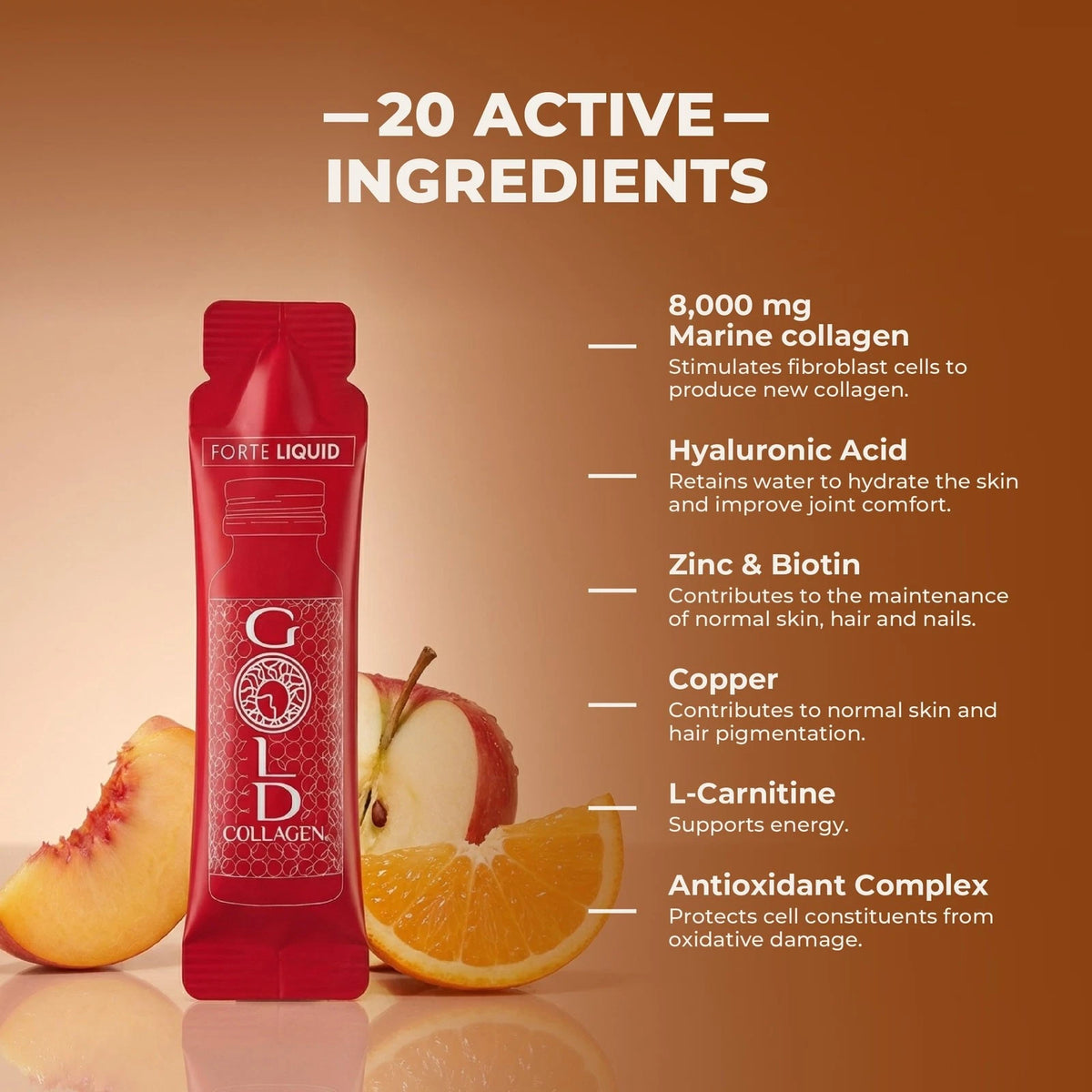 Gold Collagen Forte Liquid peach apple orange flavoured marine collagen supplement 8000mg 10 x 25ml sachets ingredients and supplement facts