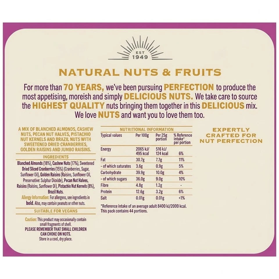 Supplement facts & ingredients image: Sun Valley mixed nuts and fruits 1.1kg ingredient label packaging