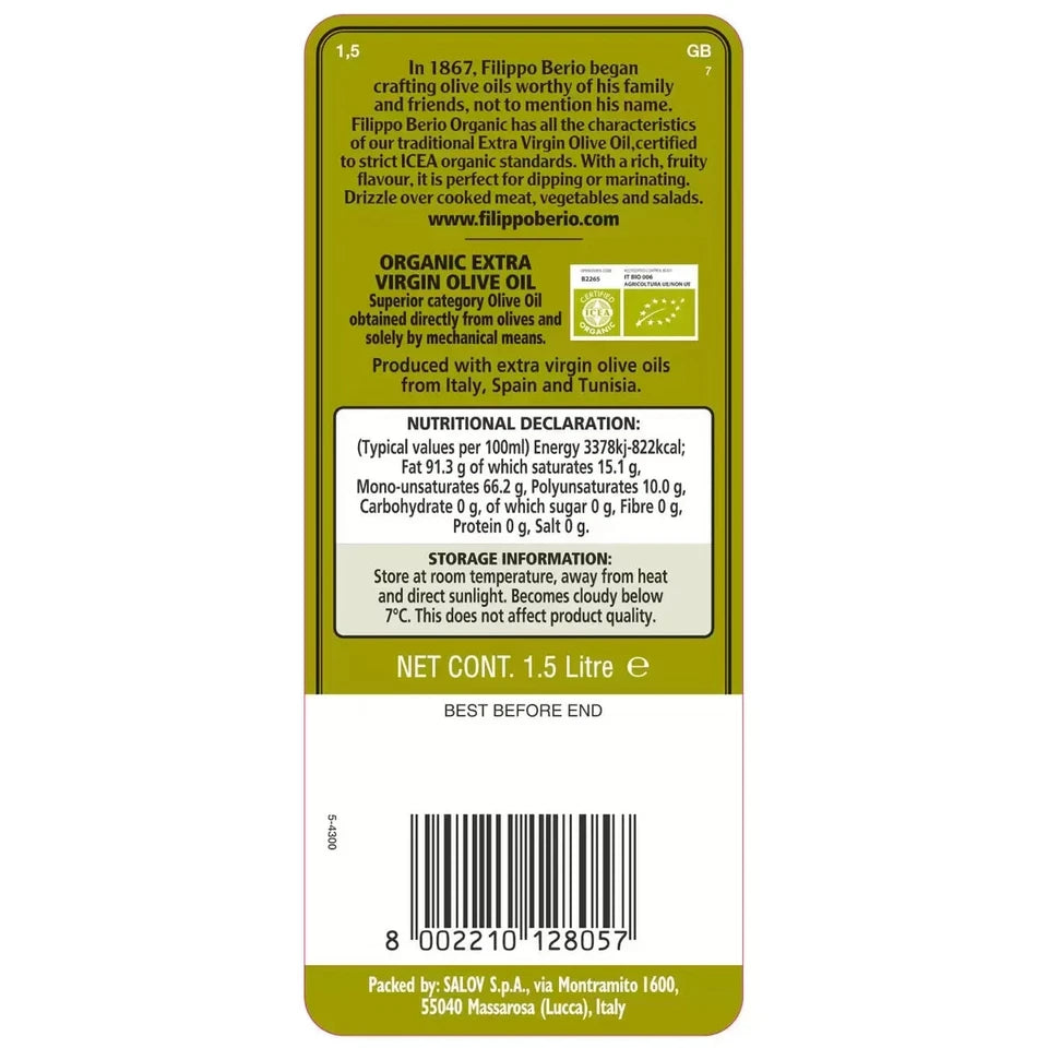 Filippo Berio Organic Extra Virgin Olive Oil 1.5L ingredients information & barcode