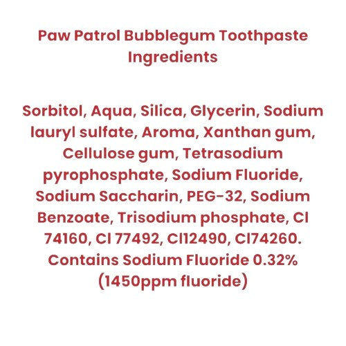 Supplement facts & ingredients image: Nickelodeon Paw Patrol toothpaste ingredients label fluoride bubblegum 75ml