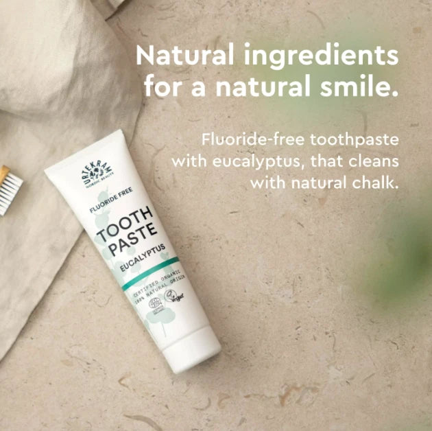 Urtekram Fluoride Free Eucalyptus Toothpaste, toothpaste tube packaging, eucalyptus flavour, 75ml, product information