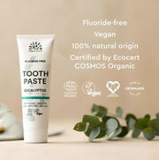 Urtekram Fluoride Free Eucalyptus Toothpaste, toothpaste tube packaging, eucalyptus flavour, 75ml, ingredients information