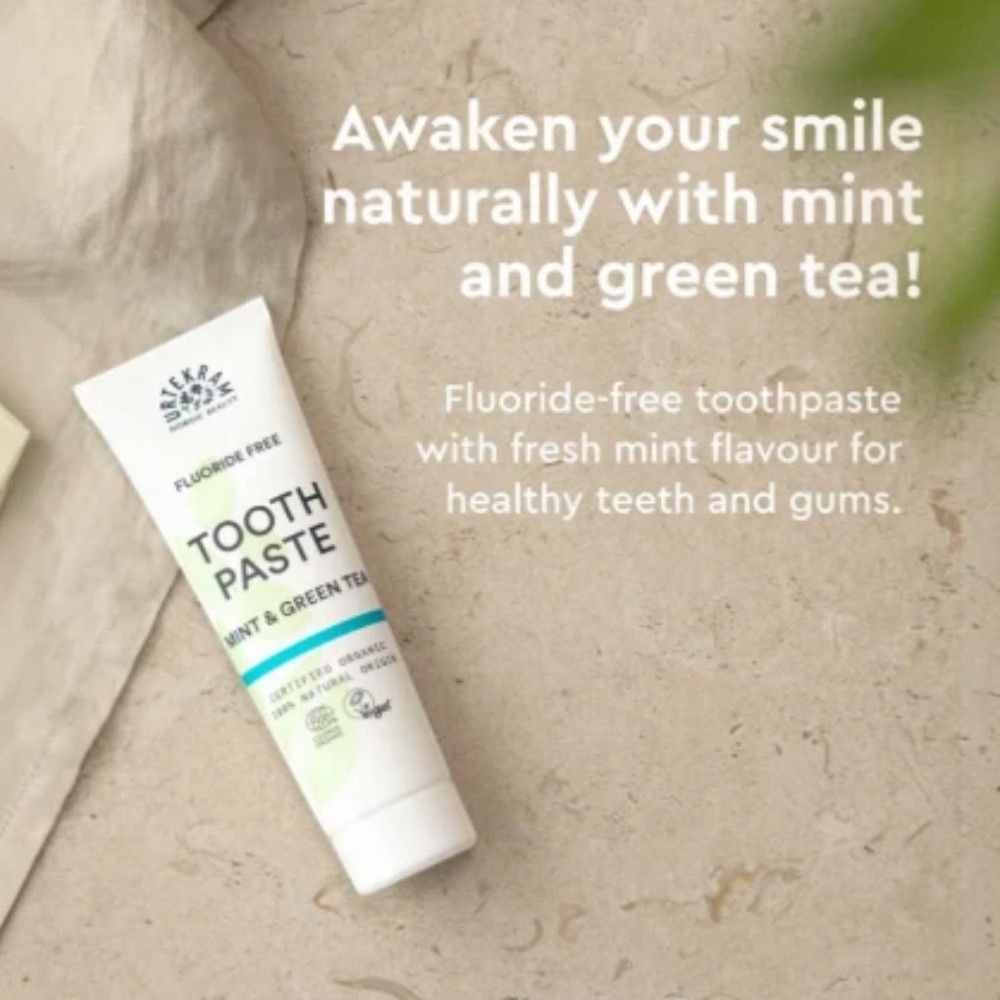 Urtekram Fluoride Free Mint & Green Tea Toothpaste, toothpaste tube packaging, mint and green tea flavour, 75ml, ingredients information