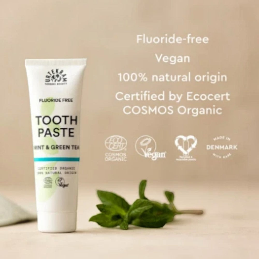 Urtekram Fluoride Free Mint & Green Tea Toothpaste, toothpaste tube packaging, mint and green tea flavour, 75ml, ingredients information