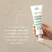 Urtekram Fluoride Free Mint & Green Tea Toothpaste, toothpaste tube packaging, mint and green tea flavour, 75ml, oral care and brushing directions