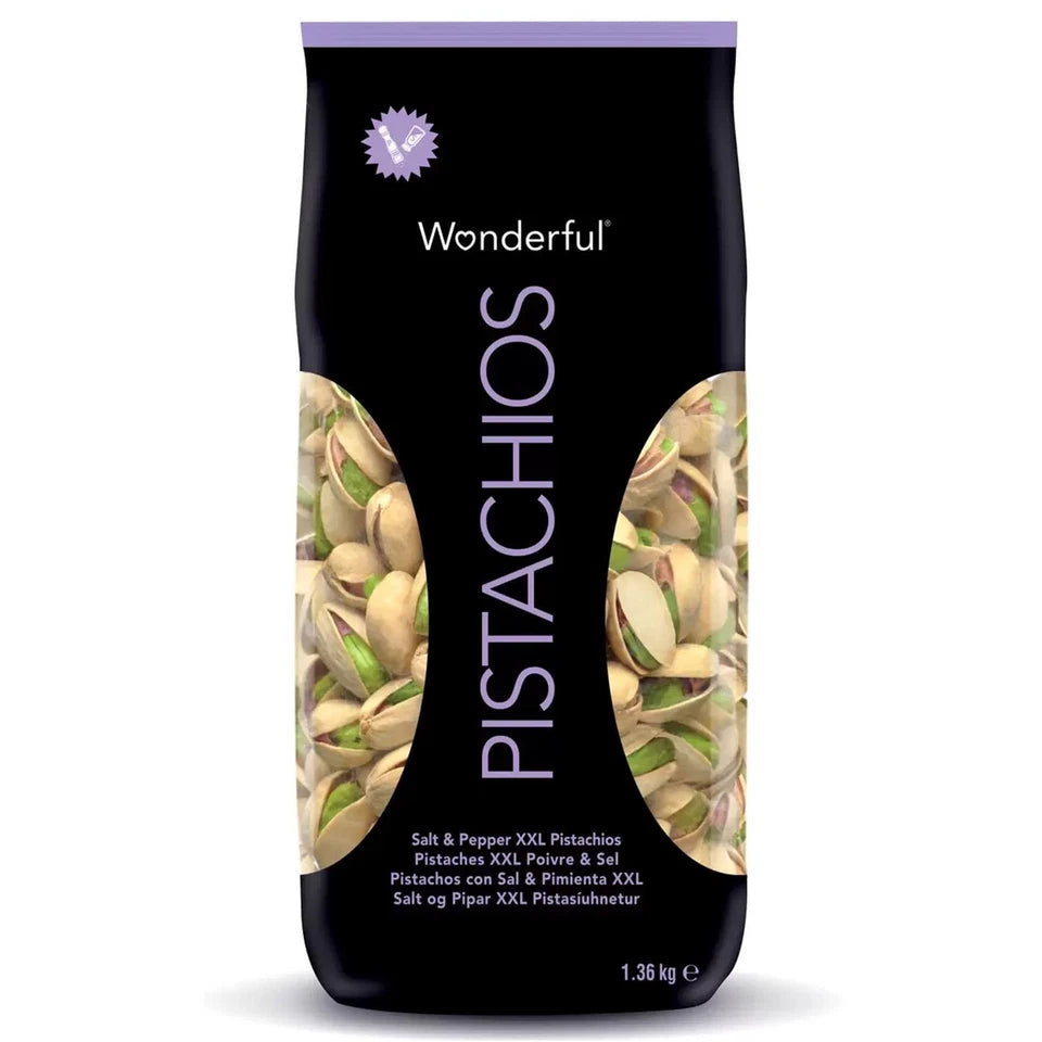 Front image: Wonderful salt and pepper pistachios XXL pack 1.36kg single pack
