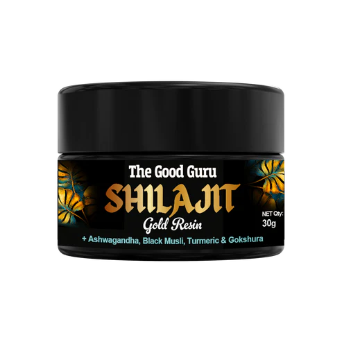 The Good Guru Shilajit Gold Resin with Herbal Blend in a 30g glass jar on a white background.