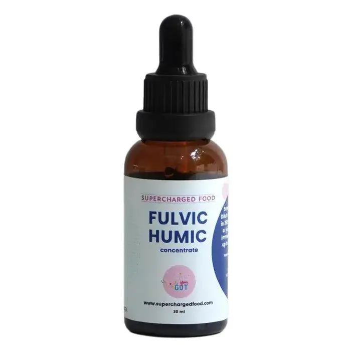 Front: Supercharged Food Fulvic Humic Concentrate dropper bottle, 30ml size.