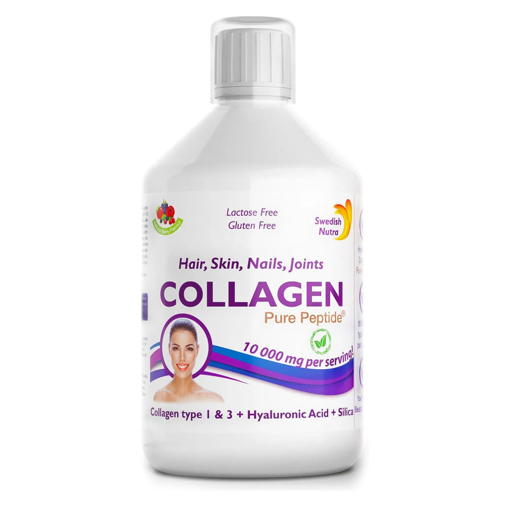 Front image: Swedish Nutra collagen pure peptide liquid berry flavour 500ml bottle