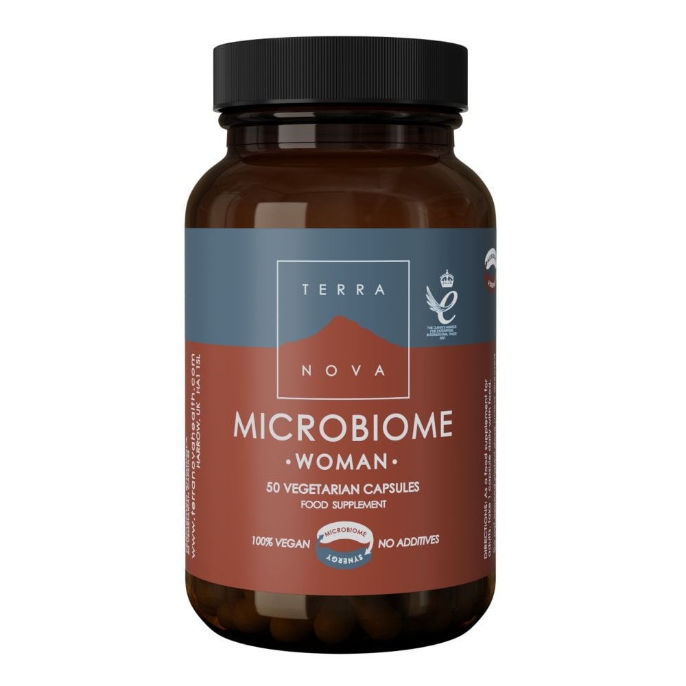 Terranova Microbiome Woman, vegetarian probiotic supplement capsule packaging, no flavour, 50 capsules