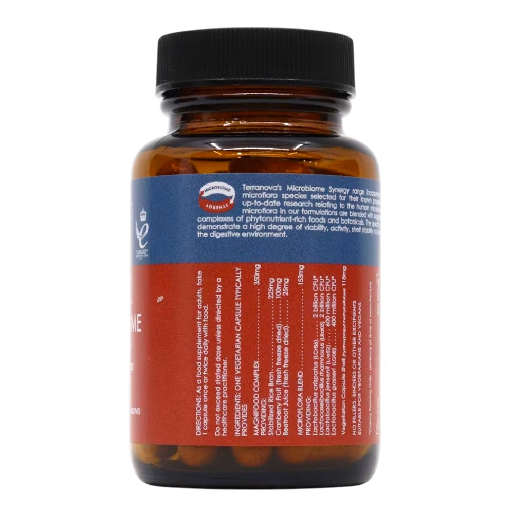 Terranova Microbiome Woman, vegetarian probiotic supplement capsule packaging, no flavour, 50 capsules, ingredients and probiotic information