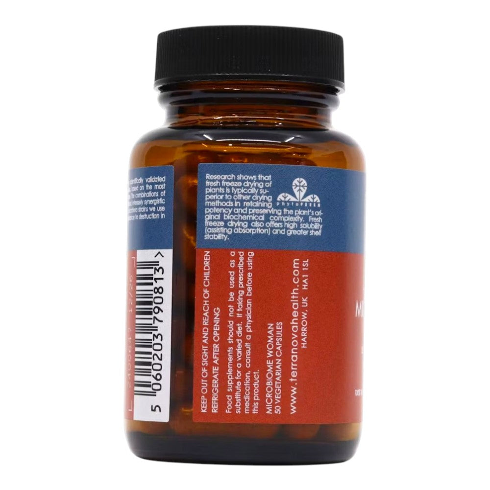 Terranova Microbiome Woman, vegetarian probiotic supplement capsule packaging, no flavour, 50 capsules, barcode