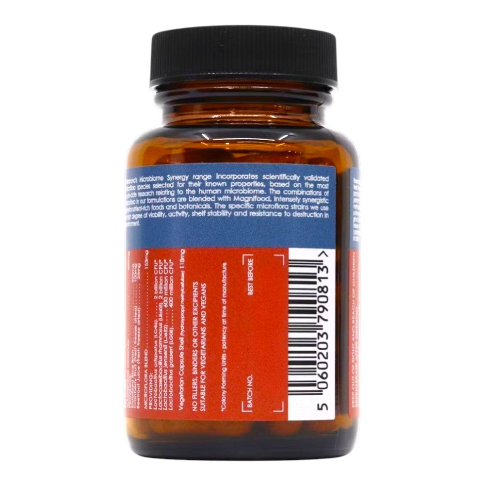Terranova Microbiome Woman, vegetarian probiotic supplement capsule packaging, no flavour, 50 capsules, ingredients and probiotic information
