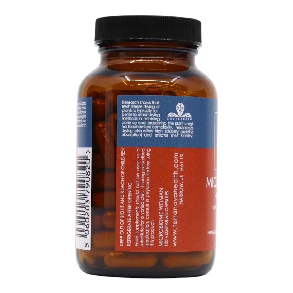 Terranova Microbiome Woman, vegetarian probiotic supplement capsule packaging, no flavour, 100 capsules, barcode
