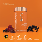 Nutriburst Immune Support Gummies bottle with Vitamin C, D3, Zinc, Elderberry.