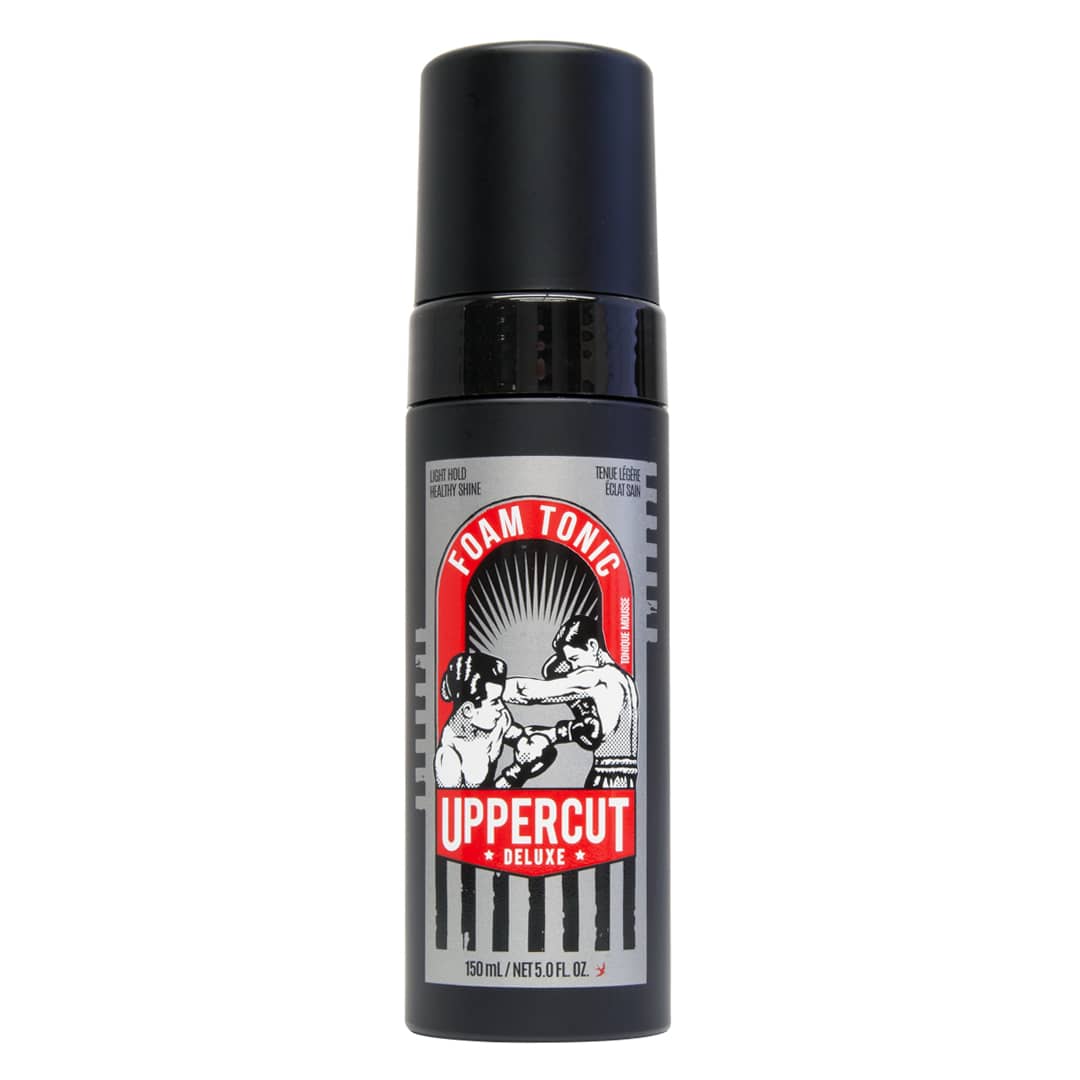 Front image: Uppercut Deluxe Styling Foam Tonic 150ml bottle light hold styling foam packaging
