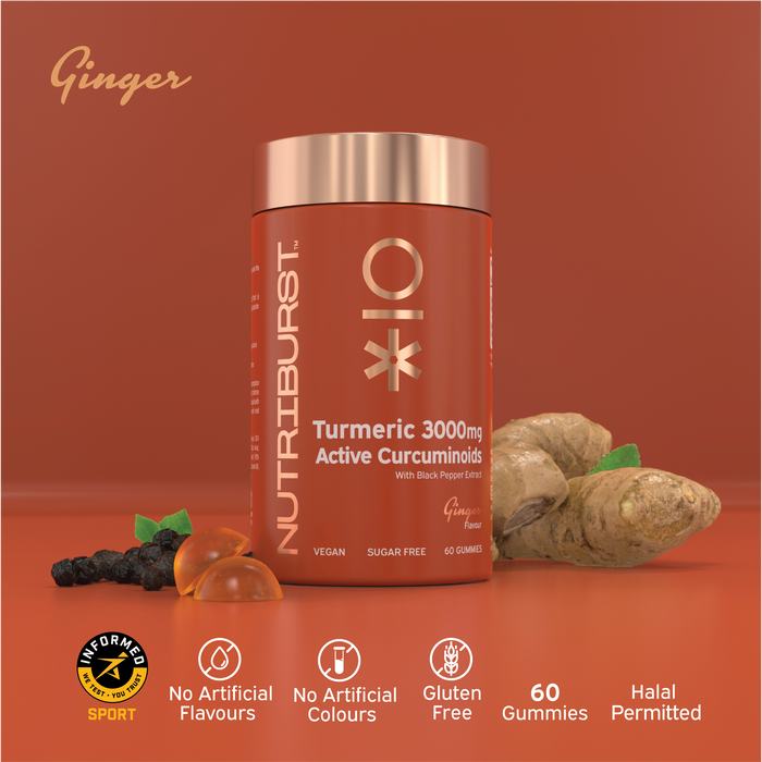 Nutriburst Turmeric and Black Pepper Gummies bottle, ginger flavour, 60 count.