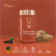 Nutriburst Turmeric and Black Pepper Gummies bottle, ginger flavour, 60 count.