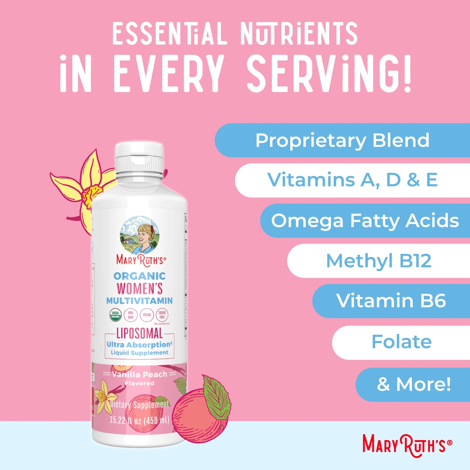 MaryRuth’s Organic Women’s Liposomal Multivitamin, Vanilla Peach - 450ml