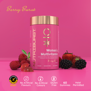 Nutriburst Women's Multivitamin Gummies bottle, berry burst flavour, 60 count.