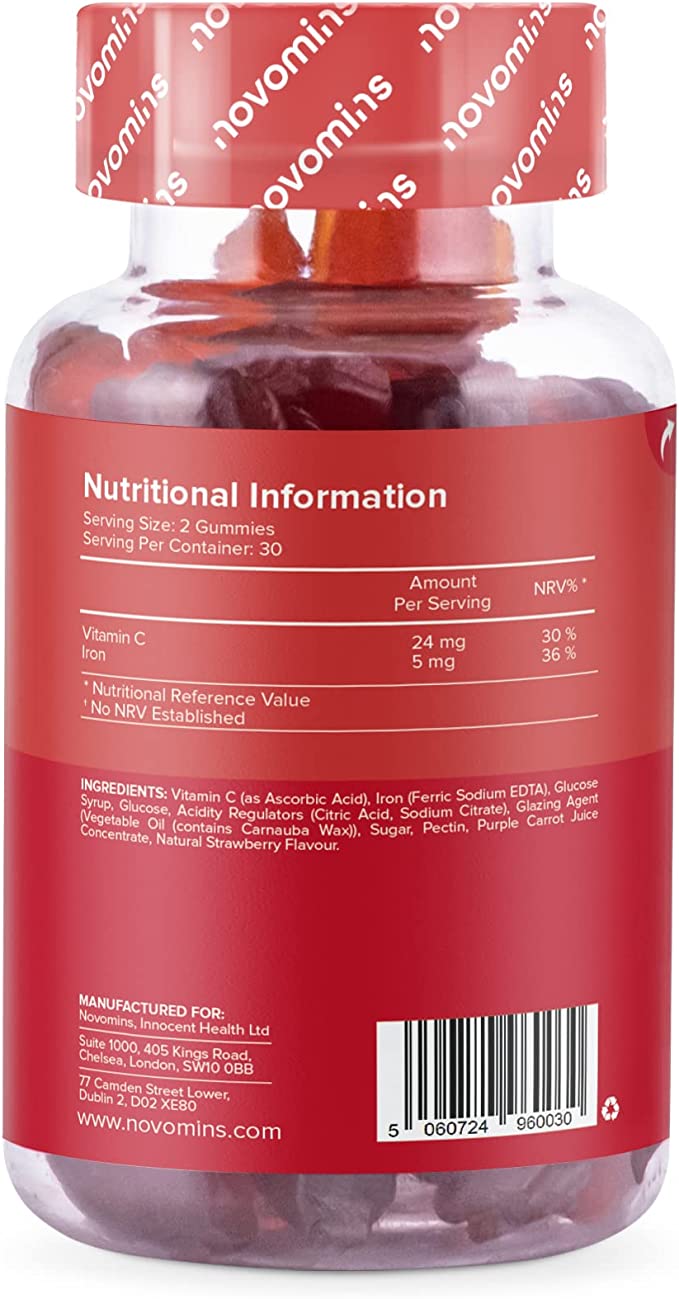 Novomins Iron Gummies 20mg with Vitamin C Strawberry 60 Count ingredients nutritional label with barcode