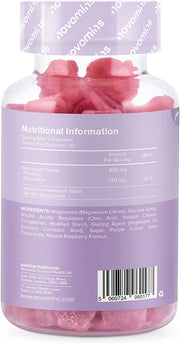 Novomins Magnesium Gummies 180mg Raspberry 60 Count ingredients nutritional label with barcode
