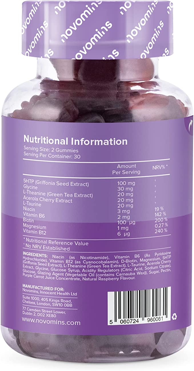 Novomins Night Time Gummies Sugar Free Raspberry 60 Count ingredients nutritional label with barcode