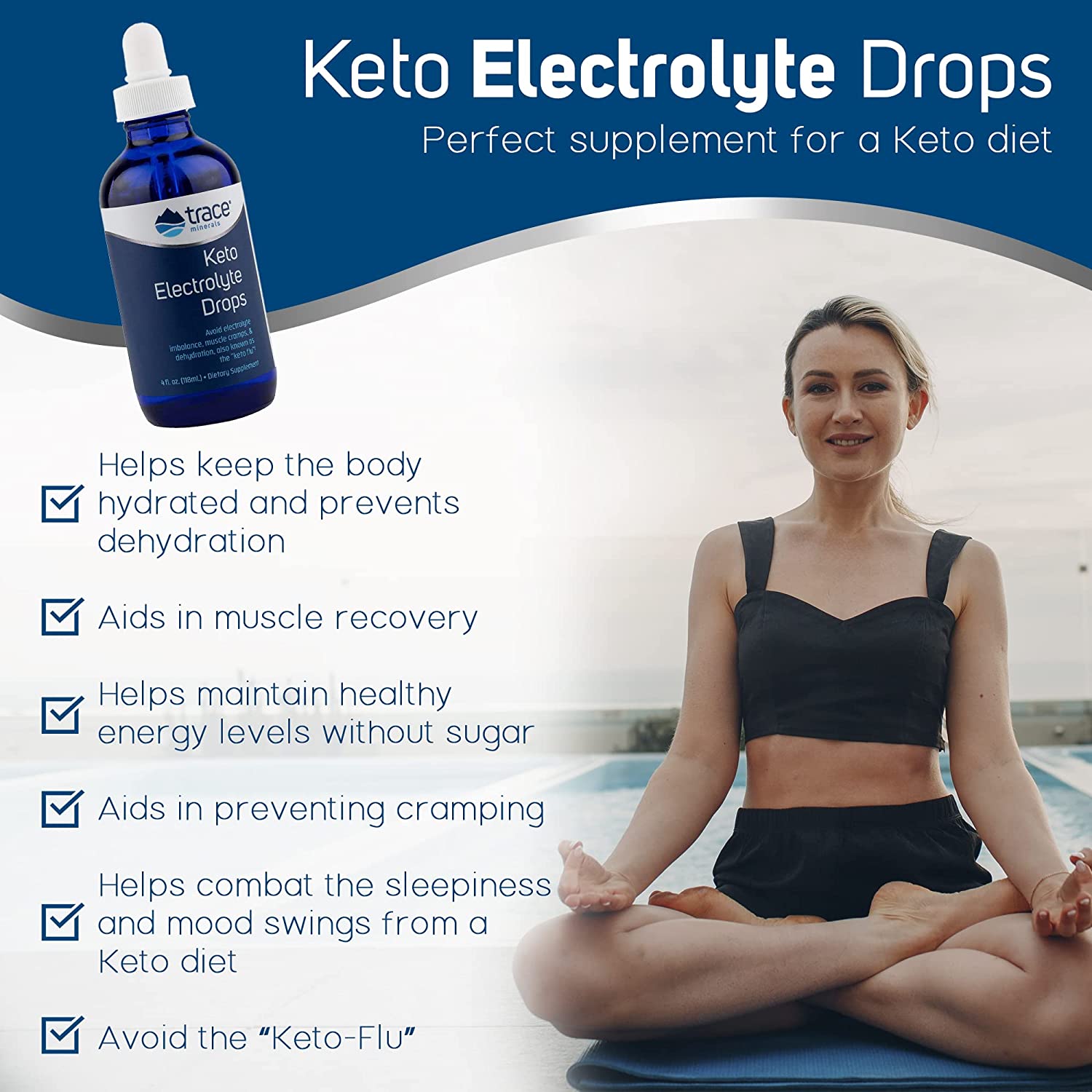 Lifestyle Image: Trace Minerals Keto Electrolyte drops hydration supplement bottle 118ml